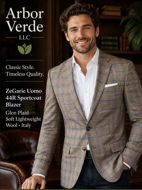 ZeGarie Uomo Men 44R Sportcoat Blazer Glen Plaid soft Lightweight Wool Italy